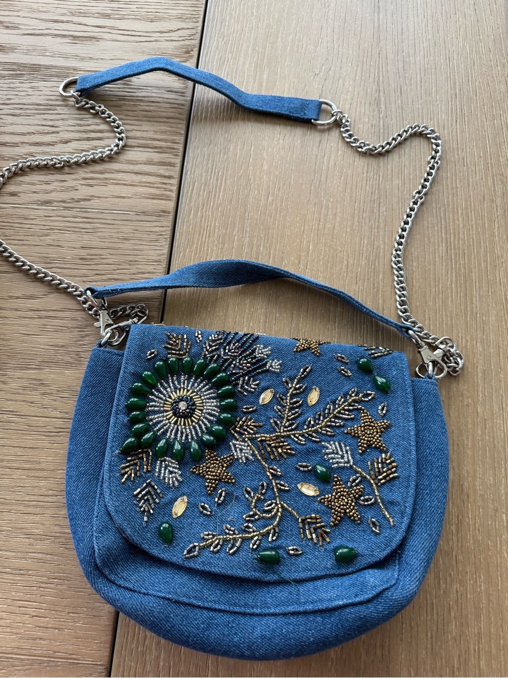 Embroidered Denim Crossbody Bag with Green Bead Accents